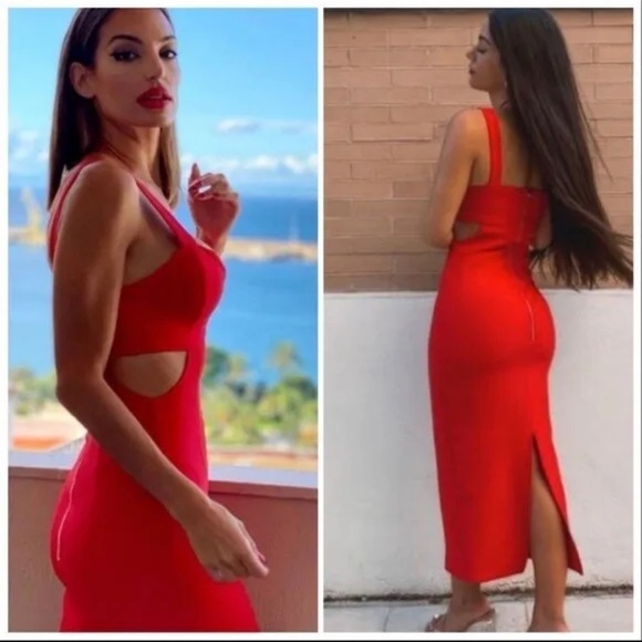 ZARA Blogger Favorite Red Cutout Strappy Bodycon Midi Dress XS NWT Valentines - Picture 2 of 16
